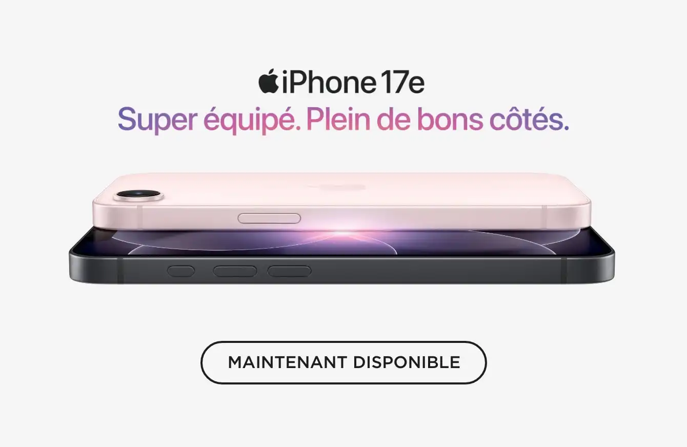 Logo officiel de l'iPhone 17e avec l'icône Apple au-dessus de la mention « Feature stacked, value packed » en caractères noirs, surmontant un iPhone 17e rose.
