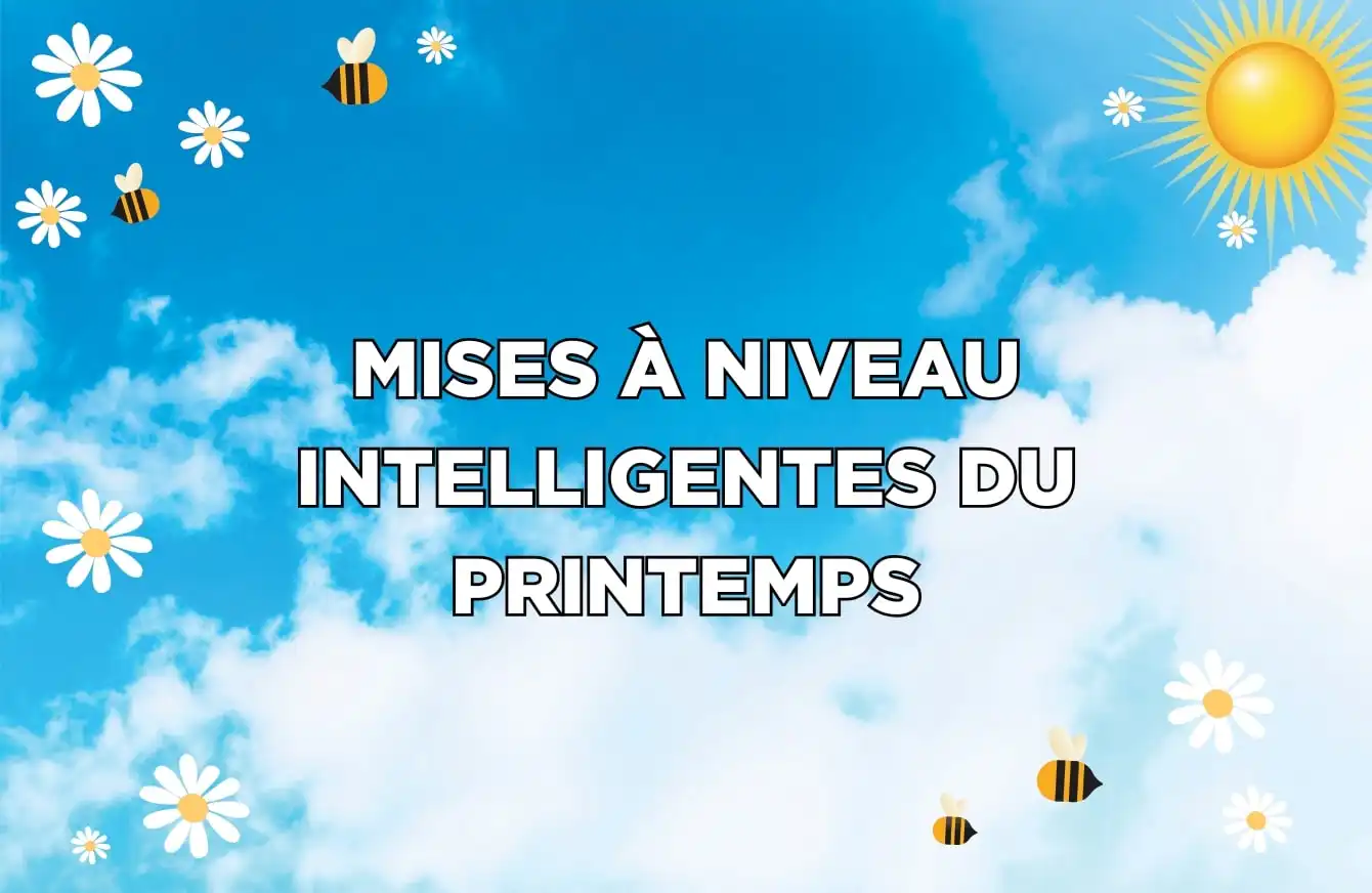 « Mises à niveau intelligentes du printemps » sur fond de ciel bleu et de fleurs blanches 