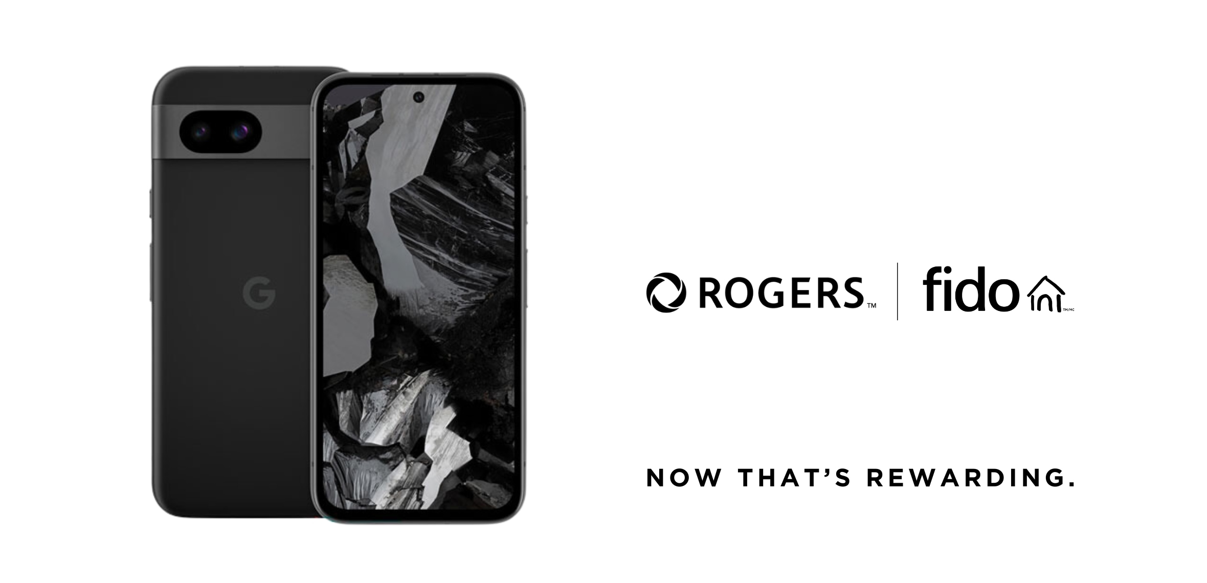 A silver Google Pixel 8a phone with Rogers and Fido logo against a white background