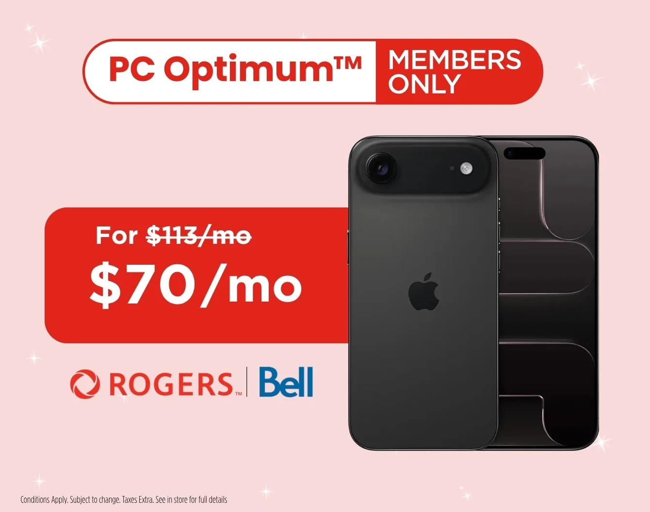 The front of a black iPhone Air against a pink background beneath a red badge that reads "PC Optimum Members Only"