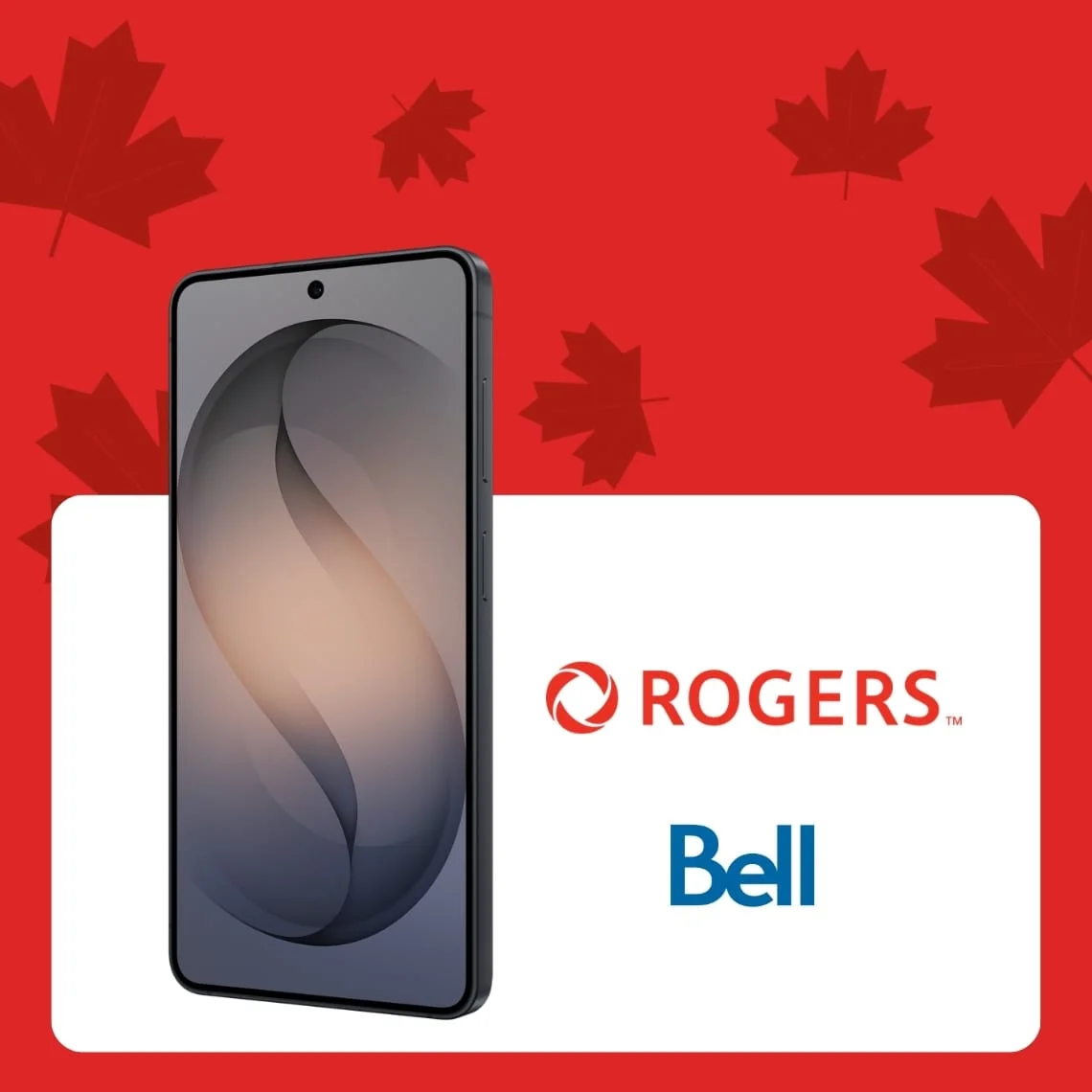 A silver Galaxy S26 front facing device next to a Bell logo inside a white container against a red background covered in dark red maple leaves.