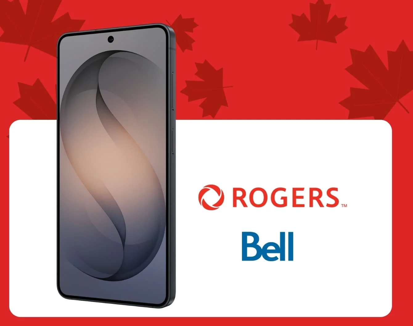 A silver Galaxy S26 front facing device next to a Bell logo inside a white container against a red background covered in dark red maple leaves.