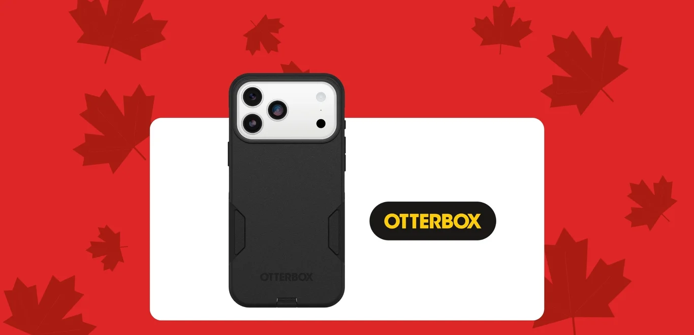A black Otterbox phone case inside a white container against a red background covered in dark red maple leaves.