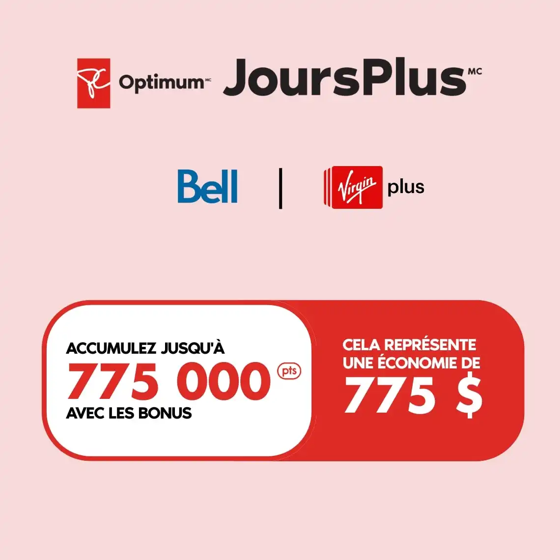 Une carte de fidélité Moredays avec 775 000 points PC Optimum et les logos Moredays, Bell et Virgin Plus.