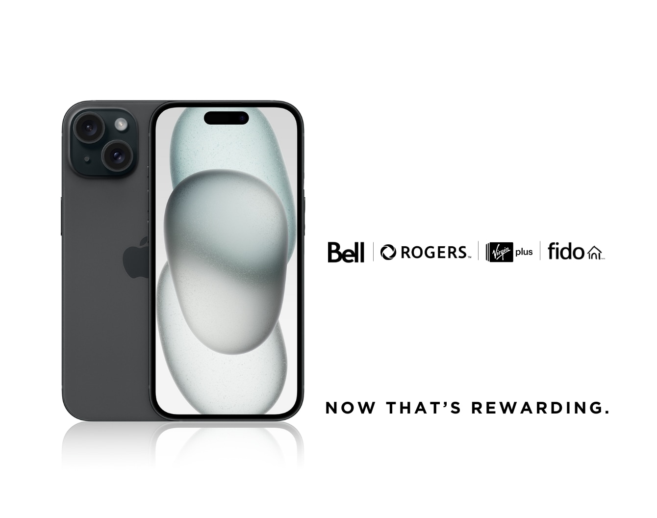 A black iPhone 15 phone with Bell, Rogers, Fido and Virgin Plus logos against a white background