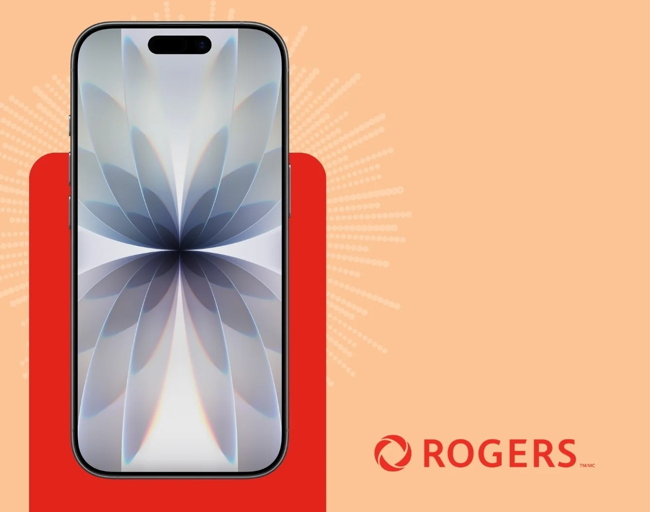 A black iPhone Air front facing device against an orange background covered in yellow fireworks next to Rogers logo.