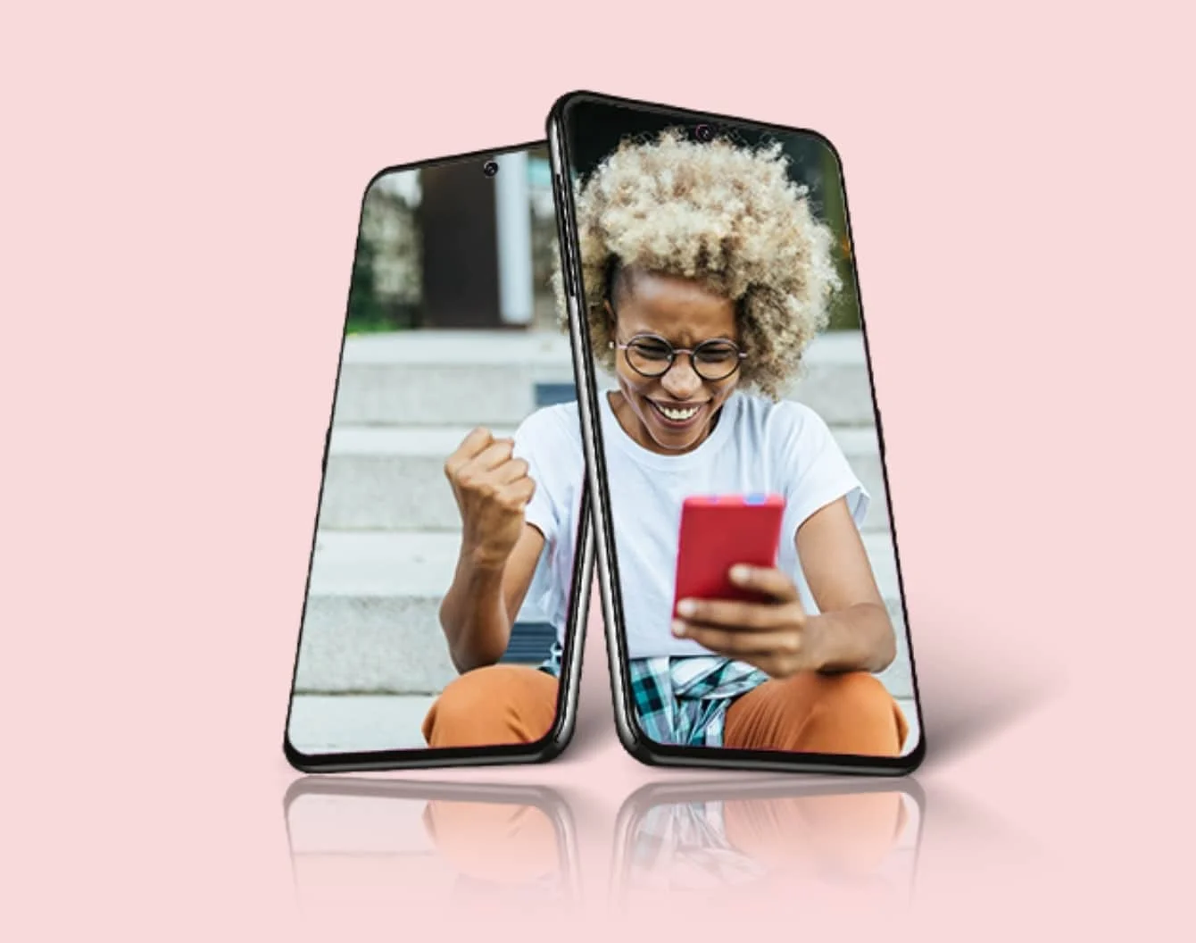 A lady celebrates getting bonus PC Optimum points on a blank smartphone screen.