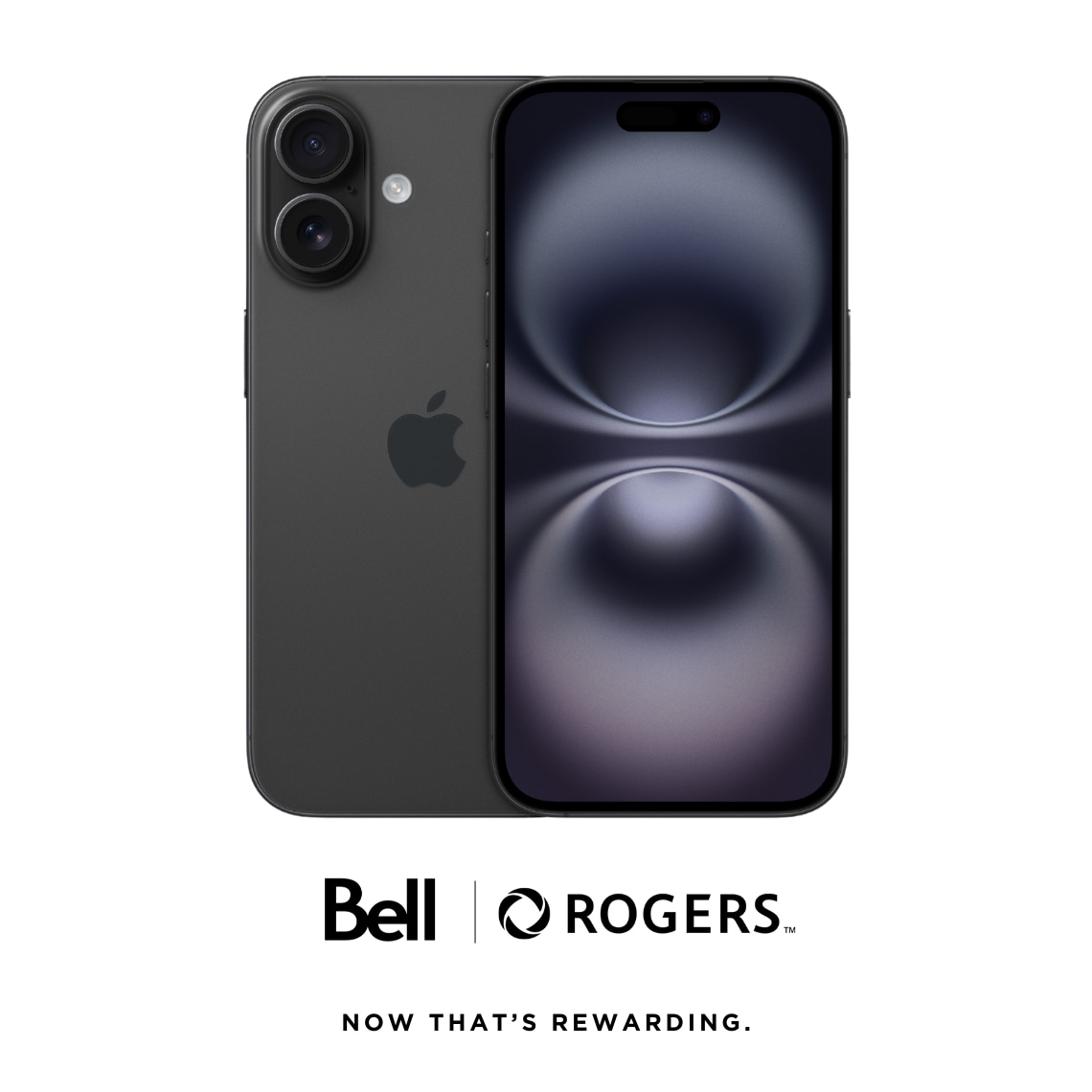 A black iPhone 16 with Bell, Rogers logo against a white background