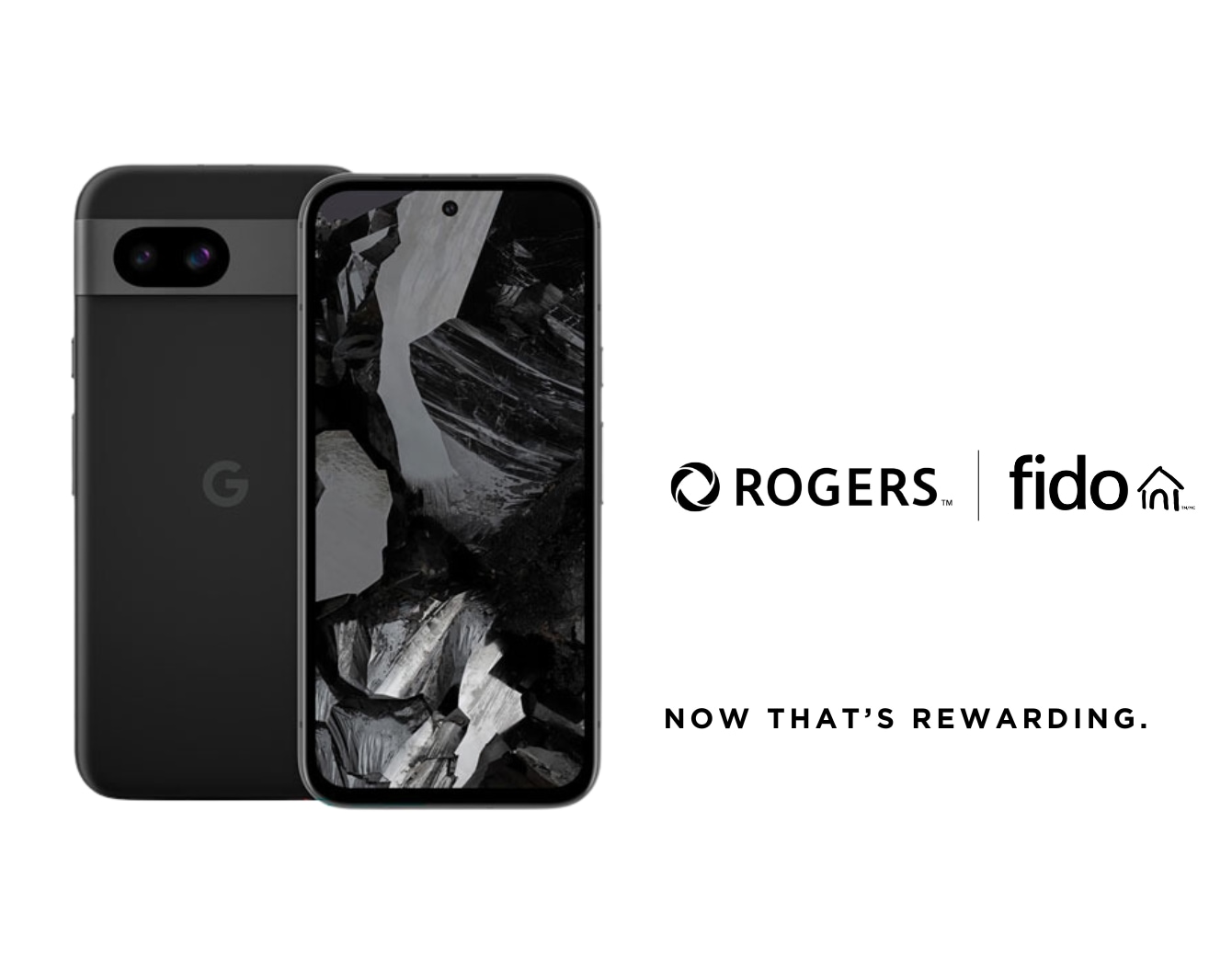 A silver Google Pixel 8a phone with Rogers and Fido logo against a white background