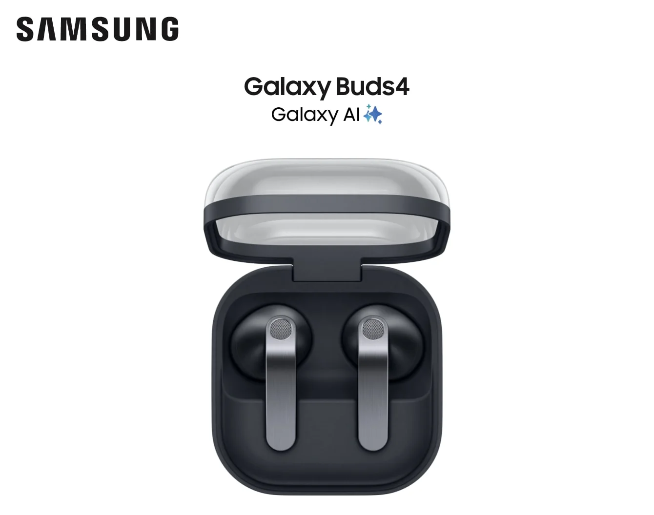 Des Galaxy Buds noirs sortent d'un étui Galaxy Buds4 sur fond blanc, sous un logo Samsung noir.