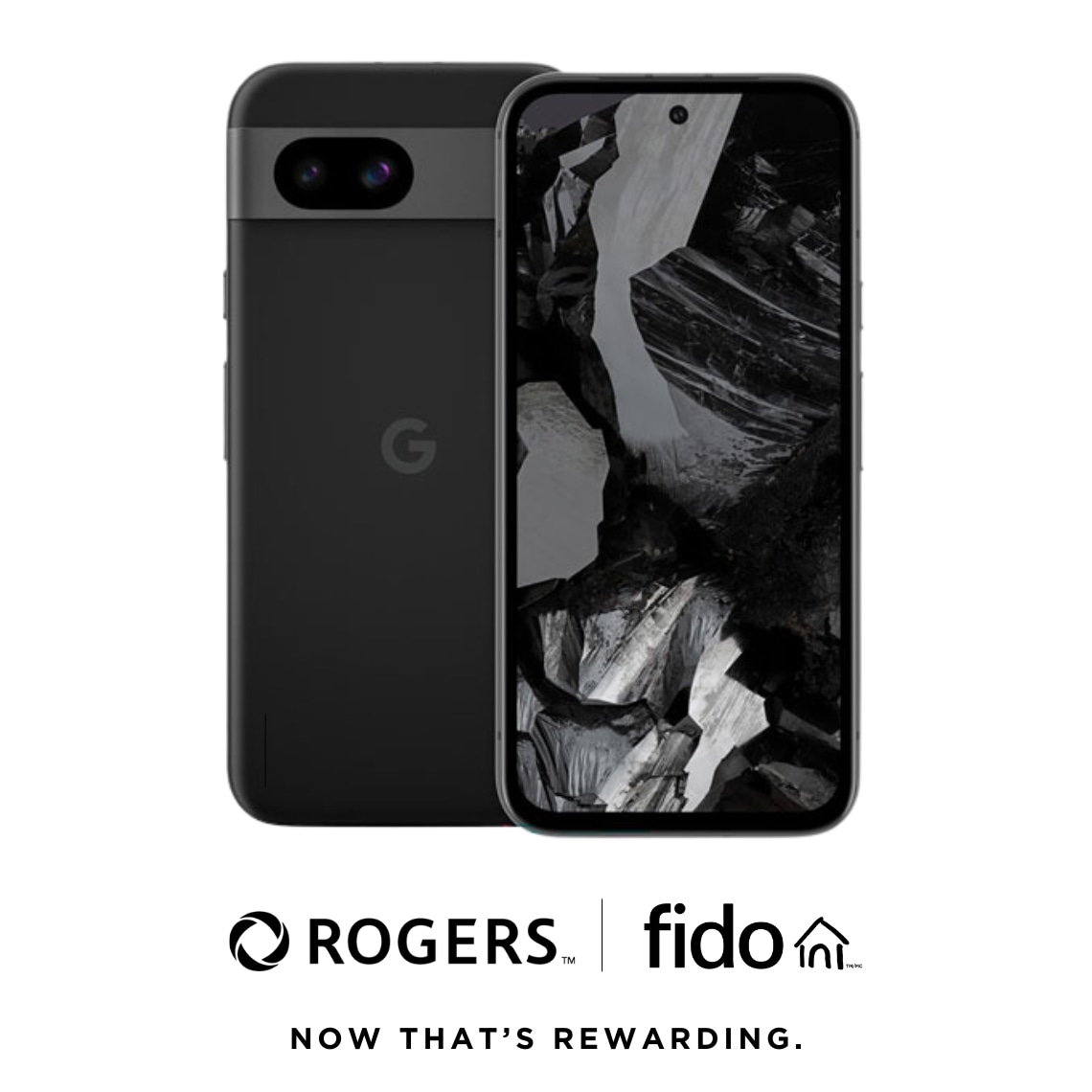 A silver Google Pixel 8a phone with Rogers and Fido logo against a white background