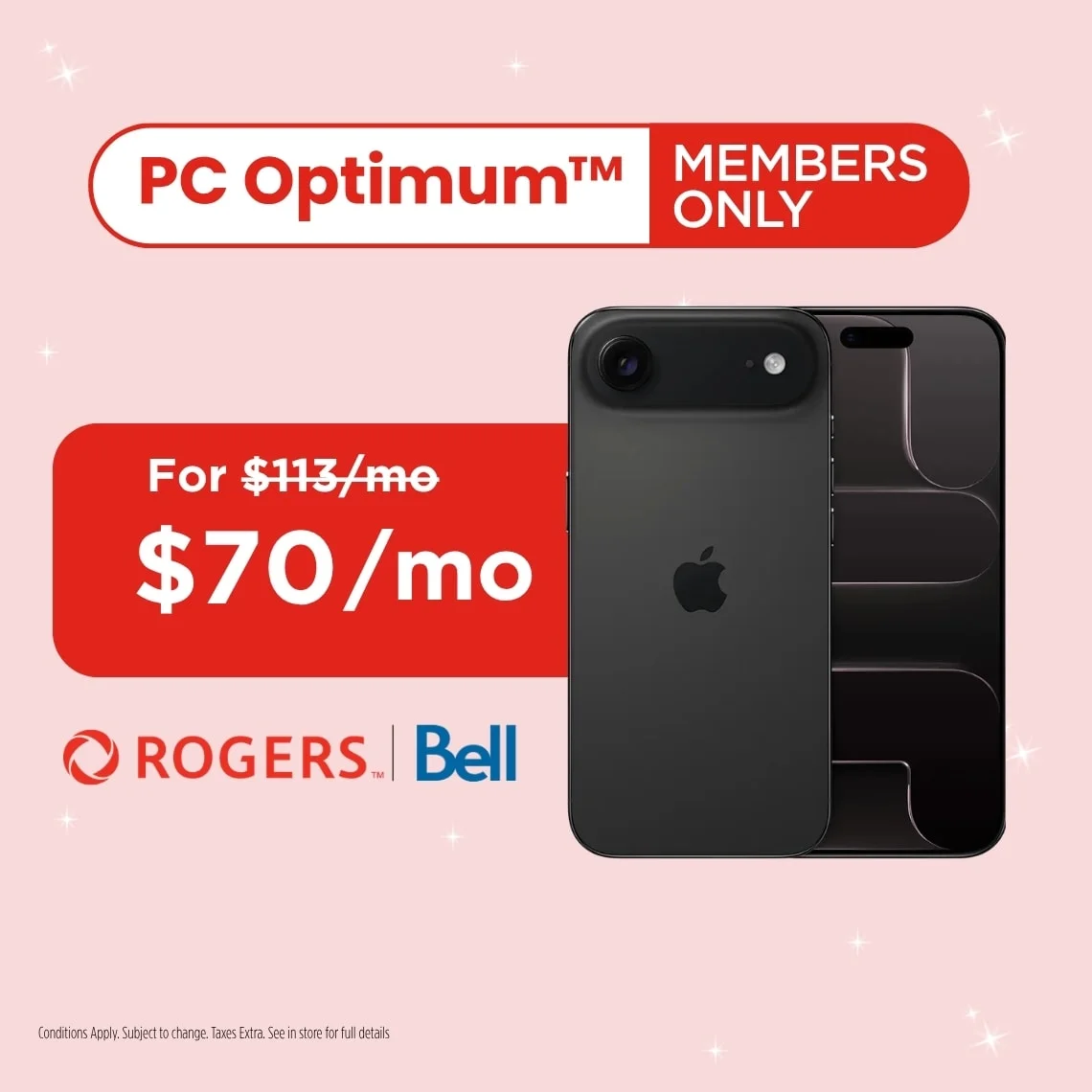 The front of a black iPhone Air against a pink background beneath a red badge that reads "PC Optimum Members Only"