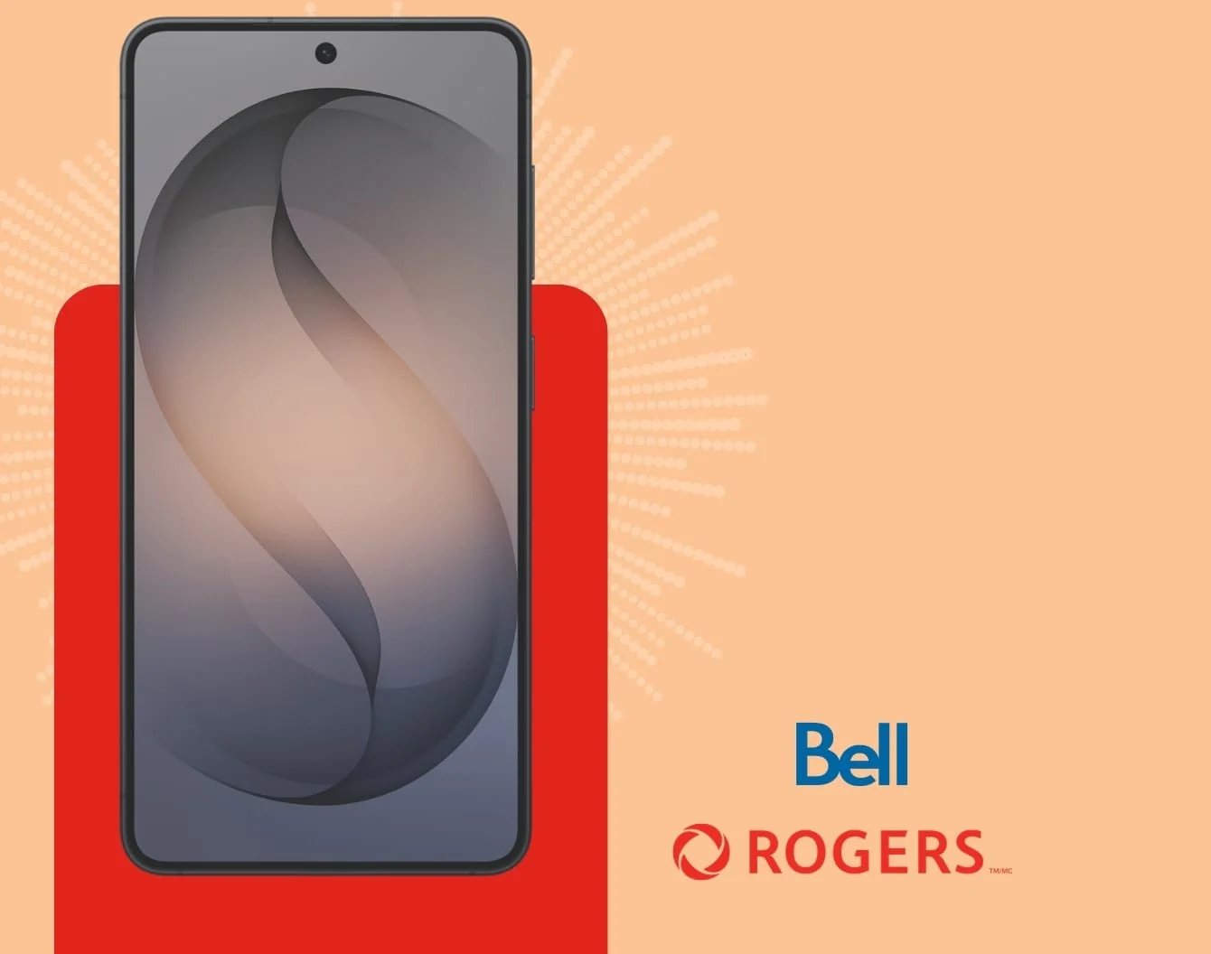 A black Galaxy S26 front facing device against an orange background covered in yellow fireworks next to Rogers and Bell logo.