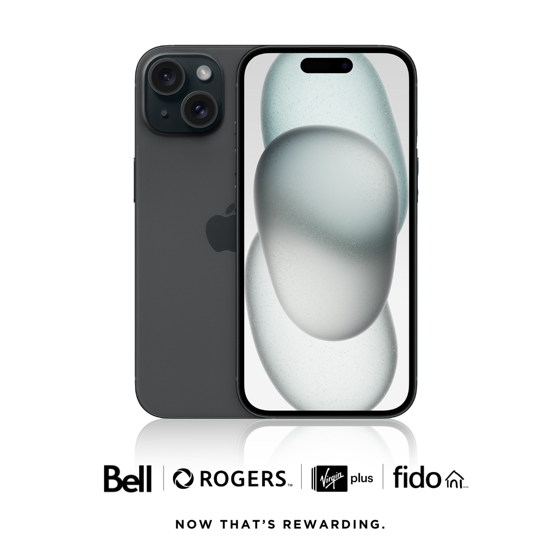 A black iPhone 15 phone with Bell, Rogers, Fido and Virgin Plus logos against a white background