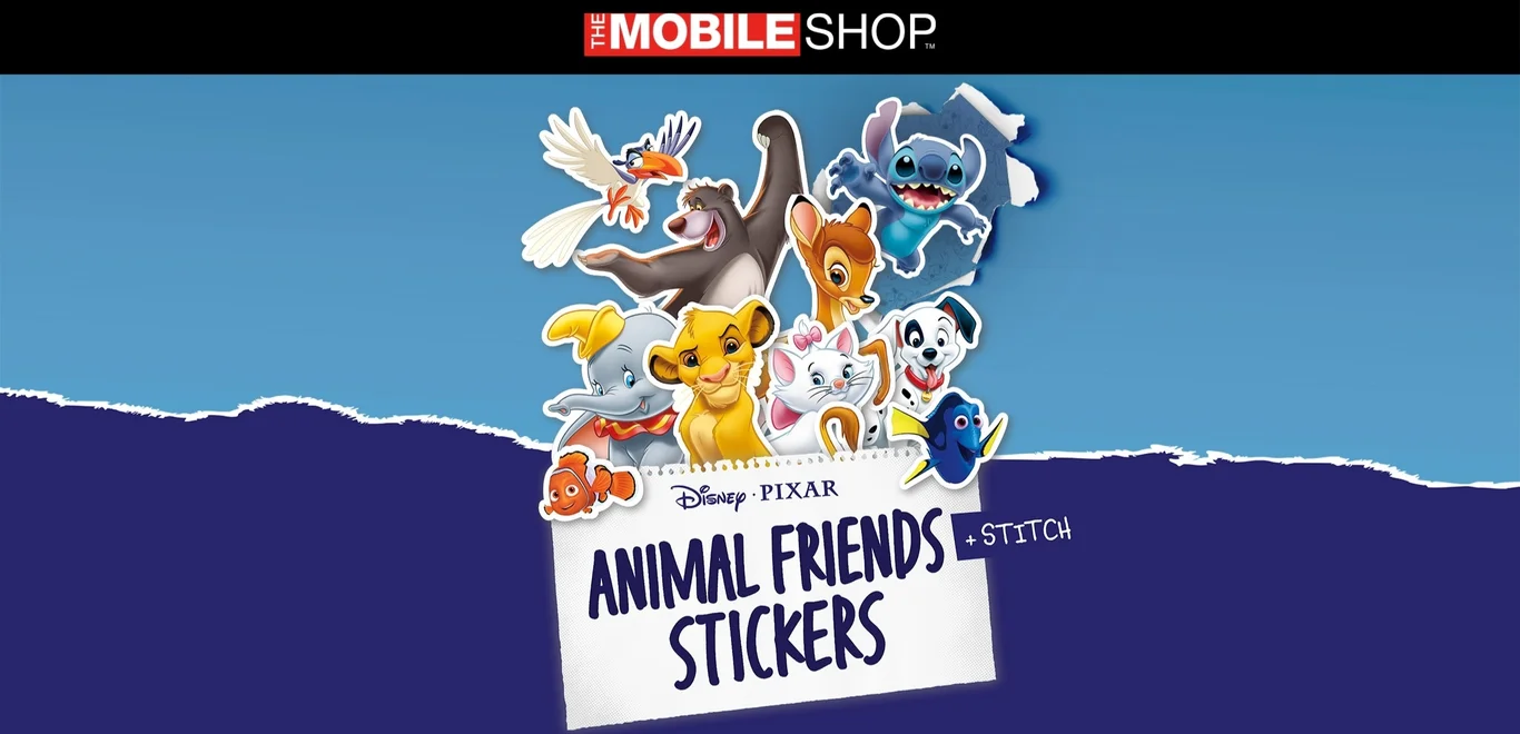 Disney Animals & Friends stickers below The Mobile Shop logo on a navy blue background.