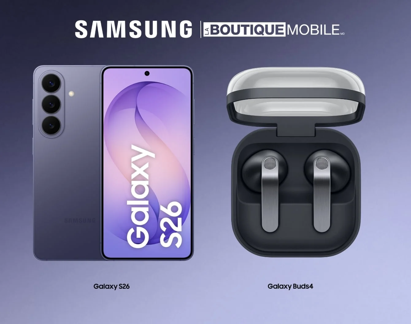 Un téléphone Galaxy S26 violet et des Galaxy Buds 4 noirs sont à côté du logo Samsung blanc sur un fond dégradé bleu foncé.