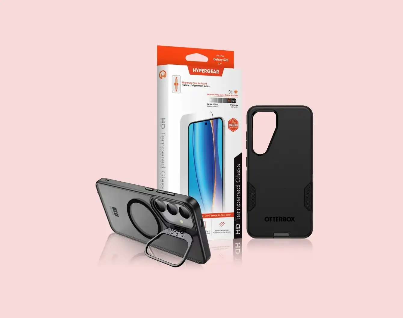 Blue Galaxy S25 phone case and white hypergear box with screen protector.