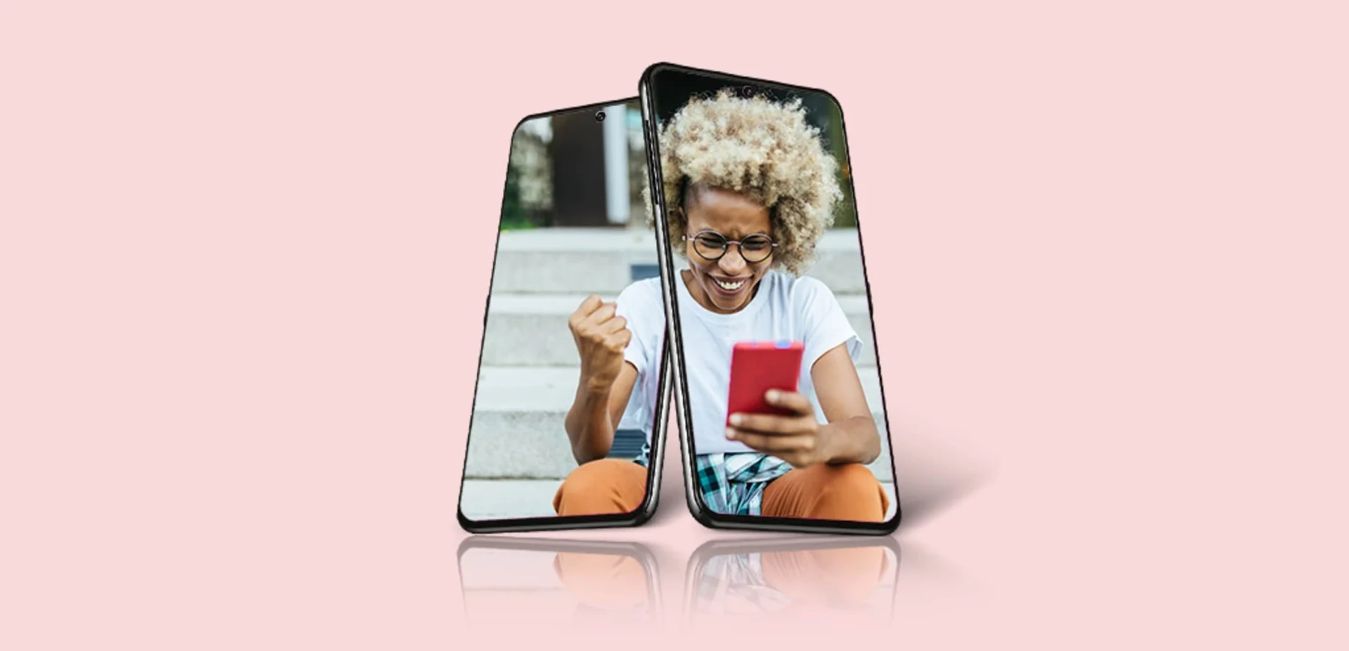 A lady celebrates getting bonus PC Optimum points on a blank smartphone screen.