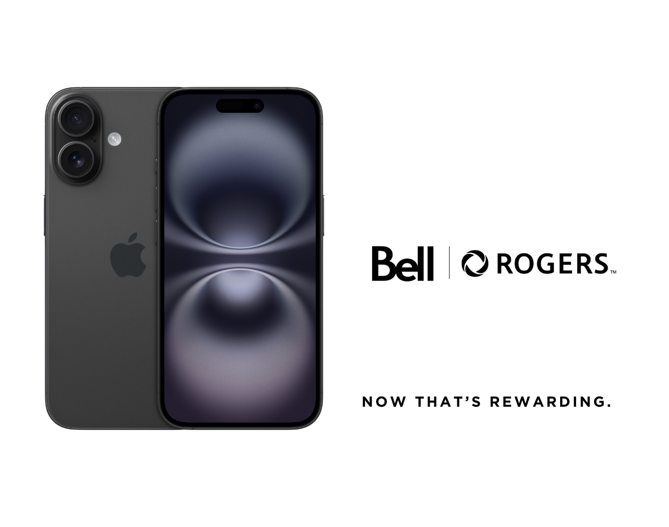 A black iPhone 16 with Bell, Rogers logo against a white background