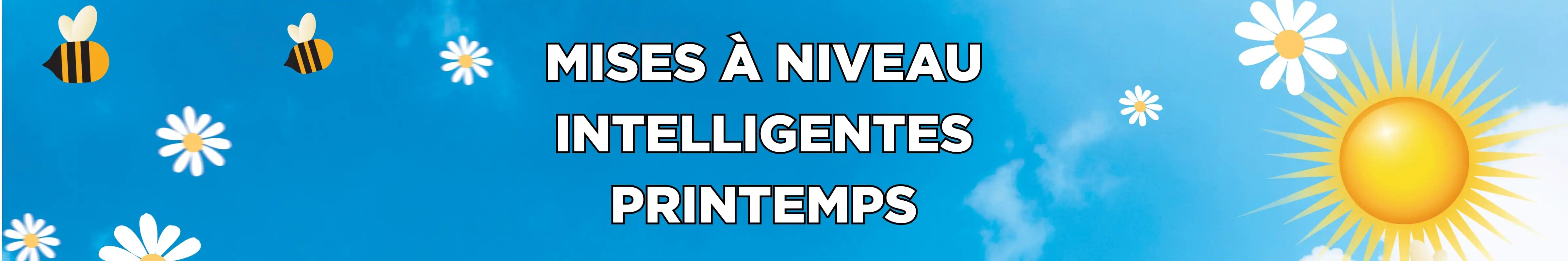 « Mises à niveau intelligentes du printemps » sur fond de ciel bleu et de fleurs blanches 