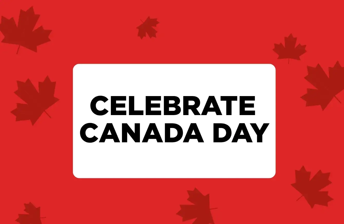 "CELEBRATE CANADA DAY" in black font against a red background covered in dark red maple leaves.