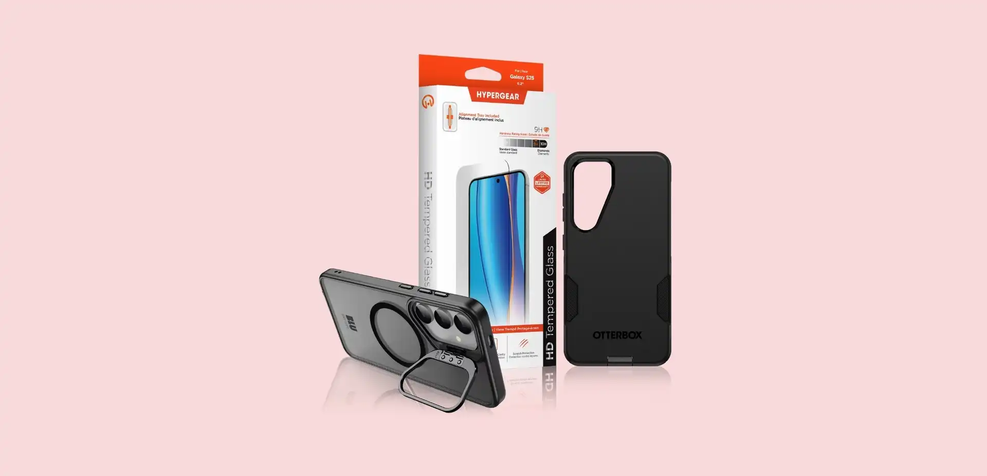 Blue Galaxy S25 phone case and white hypergear box with screen protector.