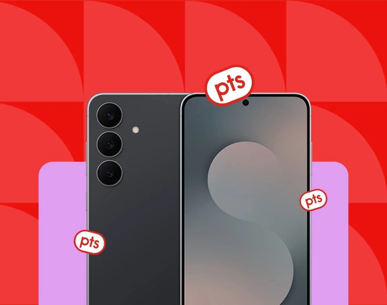 A silver smartphone on a purple rectangle surrounded by red PC Optimum points pucks