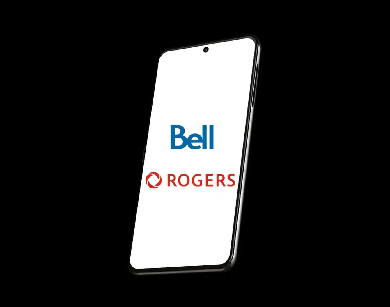 Un téléphone avec un écran blanc affichant les logos de Rogers et Bell