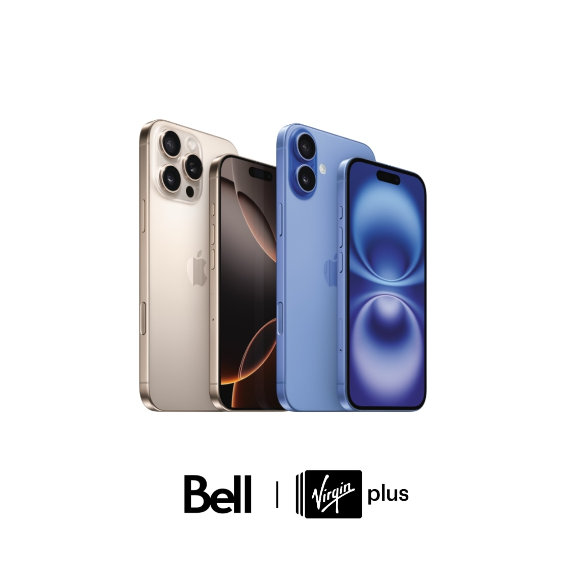 A silver iPhone 16 and blue iPhone 16 Pro on a white background with black Bell and Virgin Plus logos.